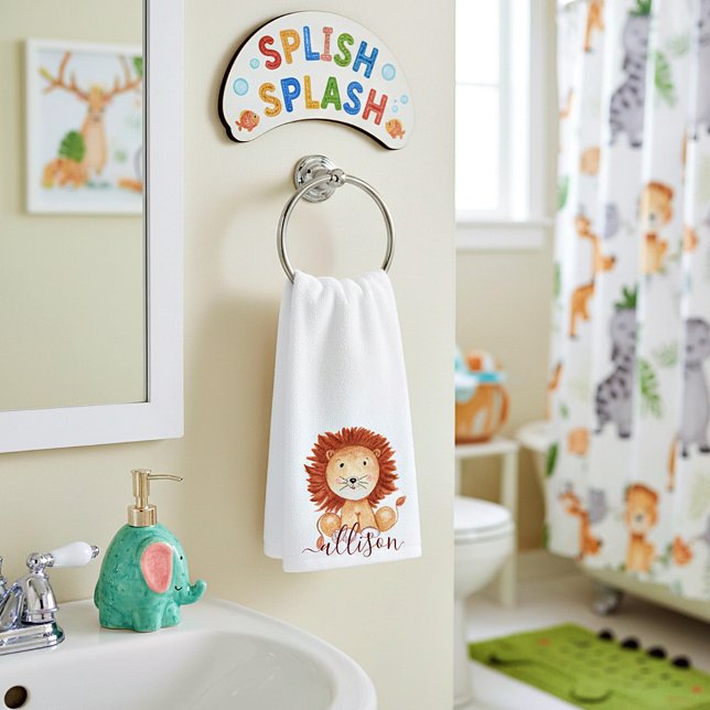 Cute hand drawn lion personalised kids hand towel (Creator Uploaded)