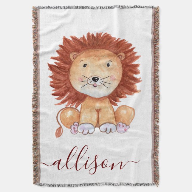 Cute hand drawn lion personalised kids throw blanket (Front Vertical)