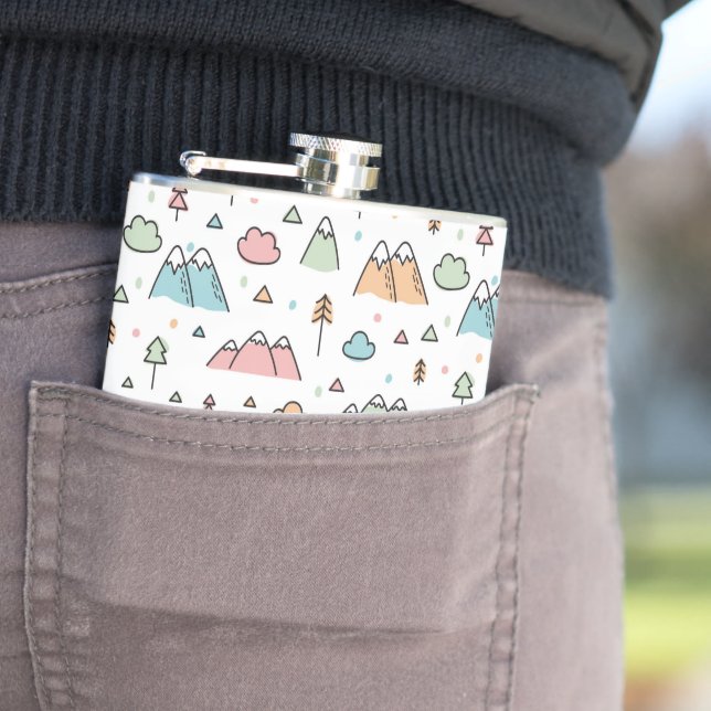 Cute Hand Drawn Mountain Scene Pattern Hip Flask (In Situ)