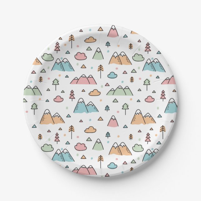 Cute Hand Drawn Mountain Scene Pattern Paper Plate (Front)