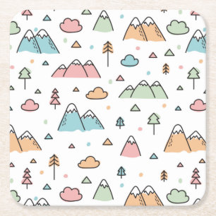 Cute Hand Drawn Mountain Scene Pattern Square Paper Coaster