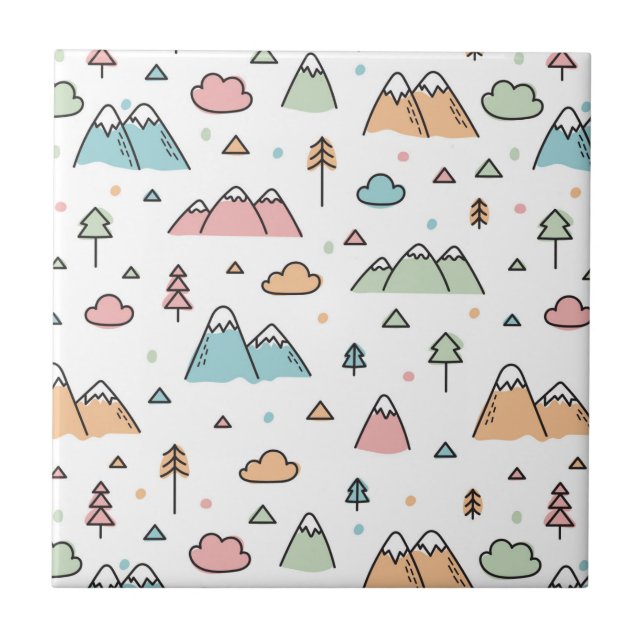 Cute Hand Drawn Mountain Scene Pattern Tile (Front)