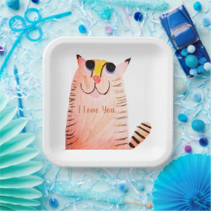Cute Hand-Drawn Orange Tabby Cat Kids Birthday Paper Plate