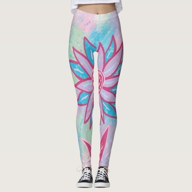 Cute Hand-drawn Pastel Flower Leggings (Front)