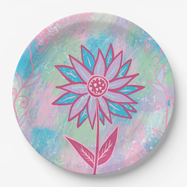 Cute Hand-drawn Pastel Flower Paper Plate (Front)