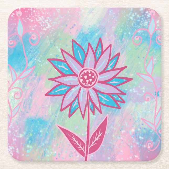 Cute Hand-drawn Pastel Flower Square Paper Coaster (Front)
