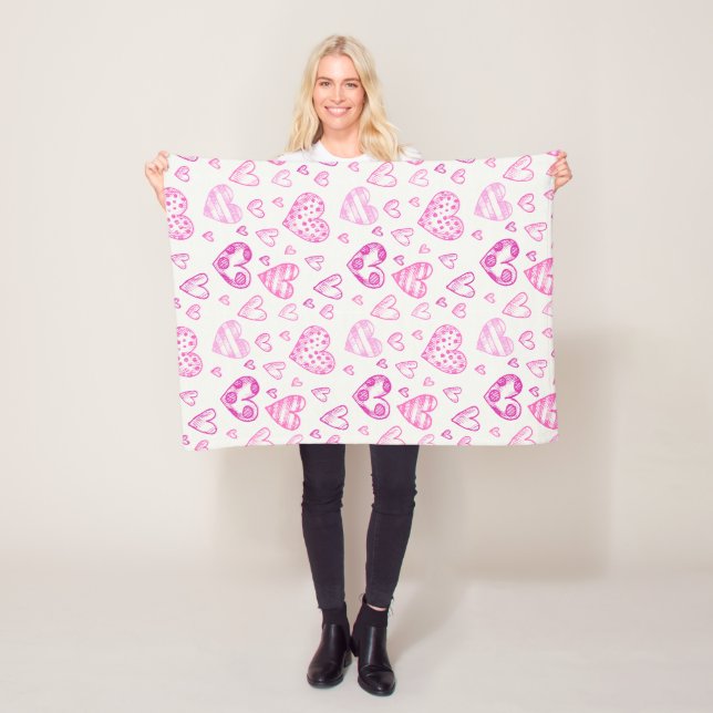 Cute Hand Drawn Pink Heart Valentine's Day Pattern Fleece Blanket (In Situ)