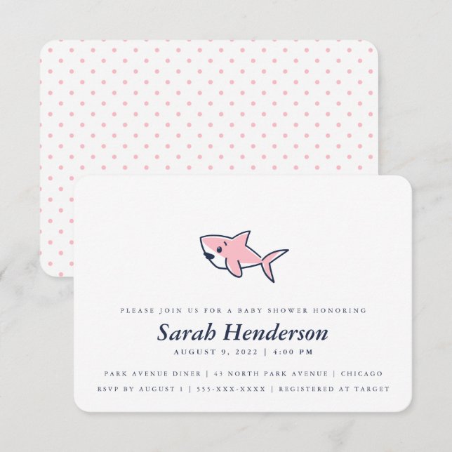 Cute Hand-Drawn Pink Shark Baby Shower Girl Invitation (Front/Back)