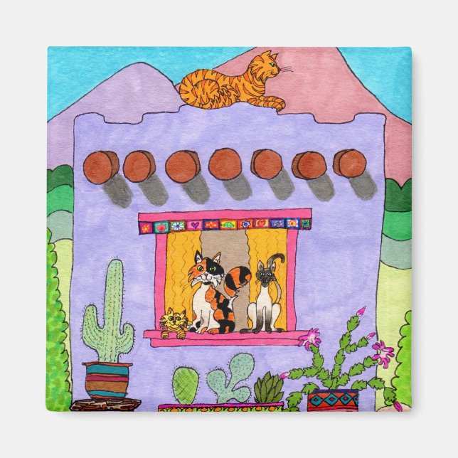 Cute Hand Drawn Purple Adobe House Cats Desert Magnet (Front)