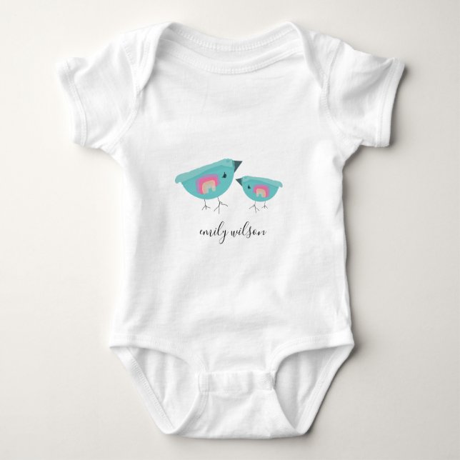 Cute Hand Drawn Rainbow Blue Birdy Mother Baby Baby Bodysuit (Front)