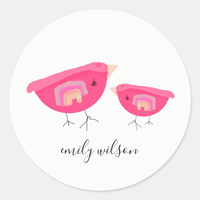 Cute Hand Drawn Rainbow Pink Birdy Mother Baby Classic Round Sticker (Front)