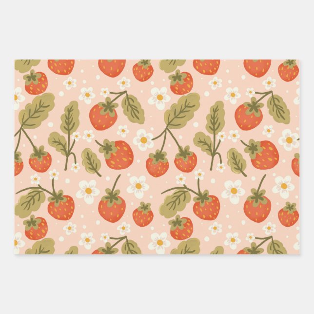 Cute Hand-drawn Red Strawberry Seamless Pattern Wrapping Paper Sheet (Front)