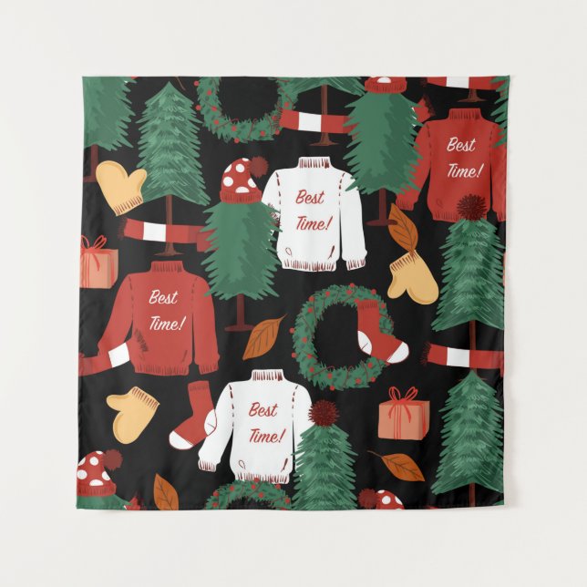 Cute hand drawn Seamless pattern with Christmas tr Tapestry (Front)