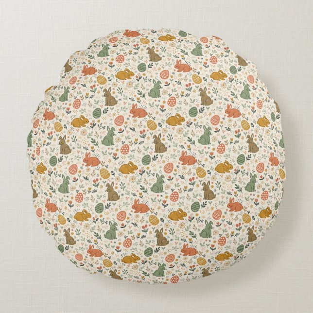 Cute Hand Drawn Spring Bunnies Round Pillow (Front)