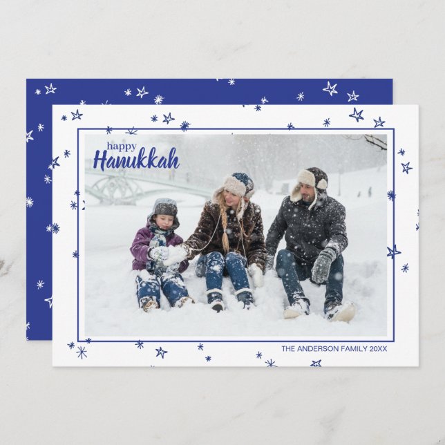 Cute Hand Drawn Stars Happy Hanukkah Family Holiday Card (Front/Back)