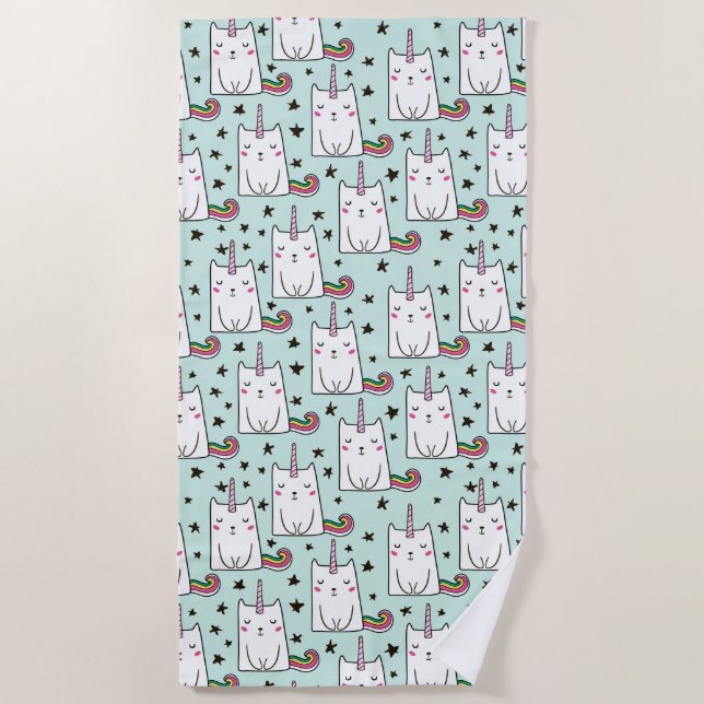 Cute Hand Drawn Unicorn Cat Pattern Beach Towel (Front)