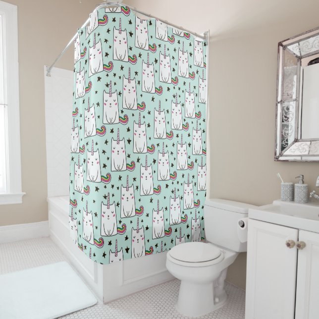 Cute Hand Drawn Unicorn Cat Pattern Shower Curtain (In Situ)
