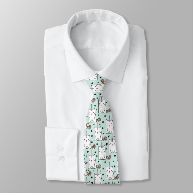 Cute Hand Drawn Unicorn Cat Pattern Tie (Tied)