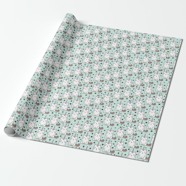 Cute Hand Drawn Unicorn Cat Pattern Wrapping Paper (Unrolled)