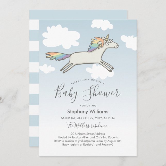 Cute Hand Drawn Unicorn Rainbow Baby Shower Invite (Front/Back)