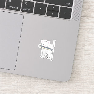 Cute Hand-Drawn White Cat Holding Whole Fish
