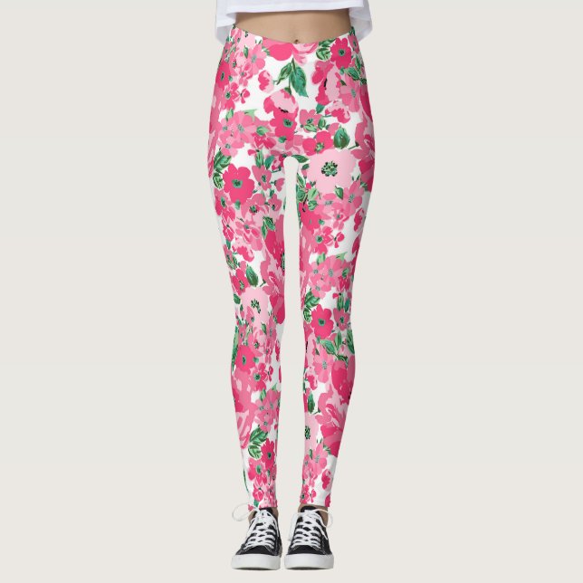 Cute Hand Paint Pink Flowers Elegant White Design Leggings (Front)