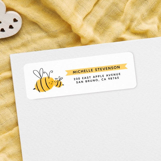 Cute Handdrawn Bees & Yellow Banner Return Address (Creator Uploaded)