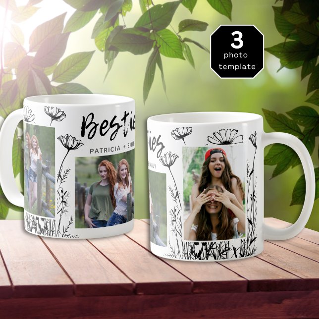 Cute Handdrawn Wildflowers 3 Photo Collage Besties Coffee Mug (Creator Uploaded)