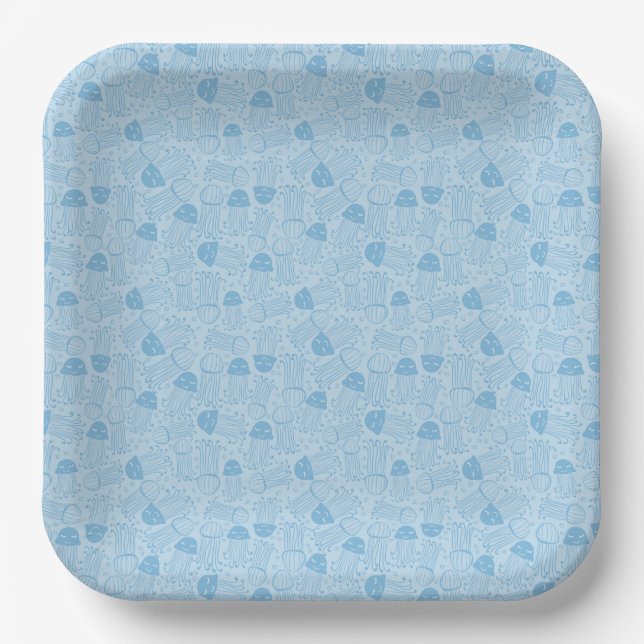 Cute handmade jelly fish pattern blue background paper plate (Front)