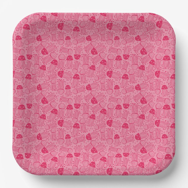 Cute handmade jelly fish pattern pink background paper plate (Front)