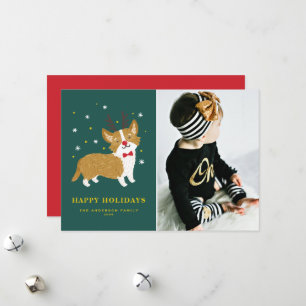 Cute Handpainted Corgi Reindeer Antlers Dog Photo Holiday Card