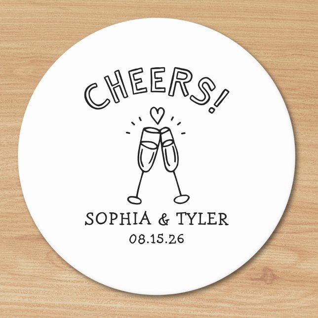 Cute Handwritten Cheers Simple Custom Name Wedding Round Paper Coaster (Customize these fun, cute, simple coasters for your wedding, engagement, and rehearsal dinner!)