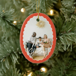 Cute Handwritten Script Merry Christmas 2 Photo Ceramic Tree Decoration