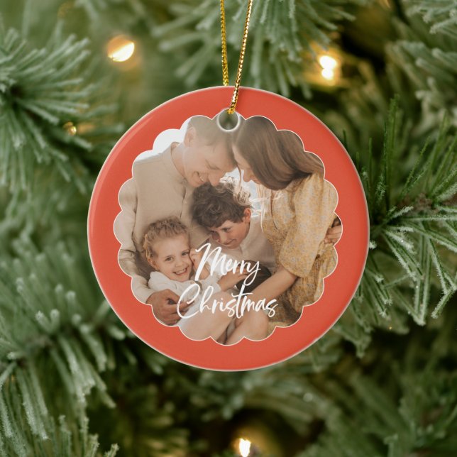 Cute Handwritten Script Merry Christmas Photo Ceramic Tree Decoration (Tree)