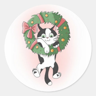 Cute Hanging Christmas Cartoon Kitty Classic Round Sticker
