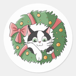Cute Hanging Christmas Cartoon Kitty Classic Round Sticker