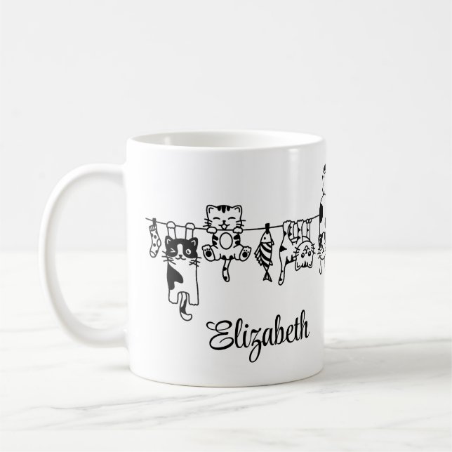 Cute Hanging Kittens Custom Name Coffee Mug (Left)