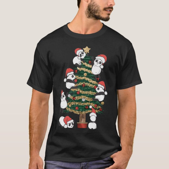 Cute Hanging Panda Christmas Tree Santa Hat Family T-Shirt (Front)