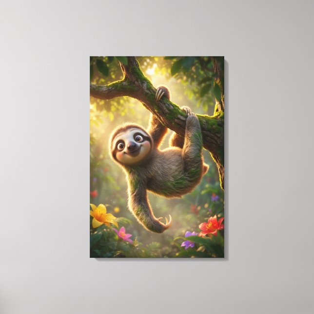 Cute Hanging Sloth 3D Cartoon Jungle Canvas Print (Front)