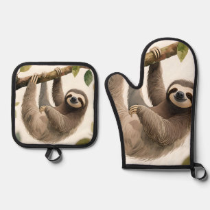 Cute Hanging Sloth Watercolor Relaxed Smile Oven Mitt & Pot Holder Set