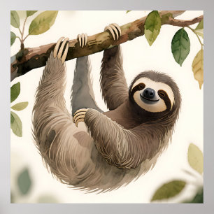 Cute Hanging Sloth Watercolor Relaxed Smile Poster