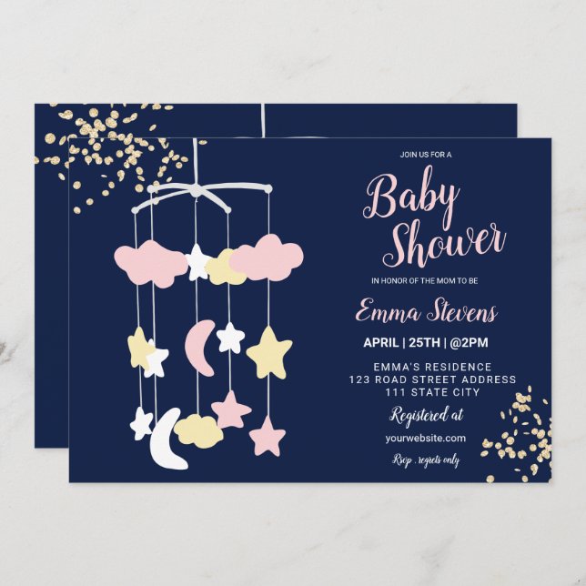 Cute hanging toy sky gold glitter baby shower invitation (Front/Back)