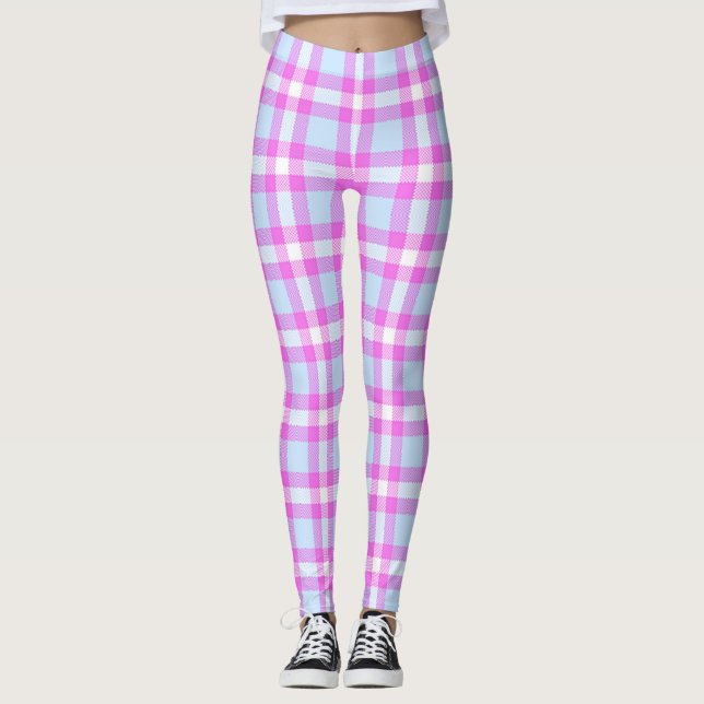 Cute Hannah Pink Frost Buffalo Check Plaid Pattern Leggings (Front)