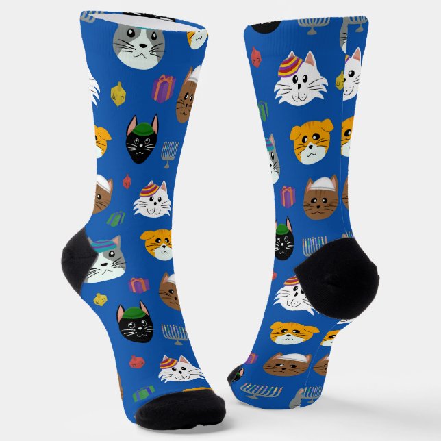Cute Hannukah Cat Patterned Socks (Angled)