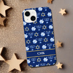 Cute Hanukkah Dreidel Menorah Blue Monogram<br><div class="desc">Beautiful Hanukkah iPhone 14 case in pretty blue with a cool pattern of Judaism star,  dreidel for fun Chanukah games,  and the Jewish menorah. Customise with your monogram in white between the gold lines.</div>