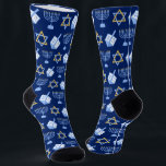 Cute Hanukkah Dreidel Menorah Pattern Blue Gold Socks<br><div class="desc">Beautiful Hanukkah socks in pretty blue with a cool pattern of Judaism star,  dreidel for fun Chanukah games,  and the Jewish menorah for the holiday.</div>