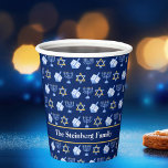 Cute Hanukkah Dreidel Menorah Pattern Custom Party Paper Cups<br><div class="desc">Beautiful Hanukkah party paper cups in pretty blue with a cool pattern of Judaism star,  dreidel for fun Chanukah games,  and the Jewish menorah for a holiday dinner or gathering with your synagogue.</div>
