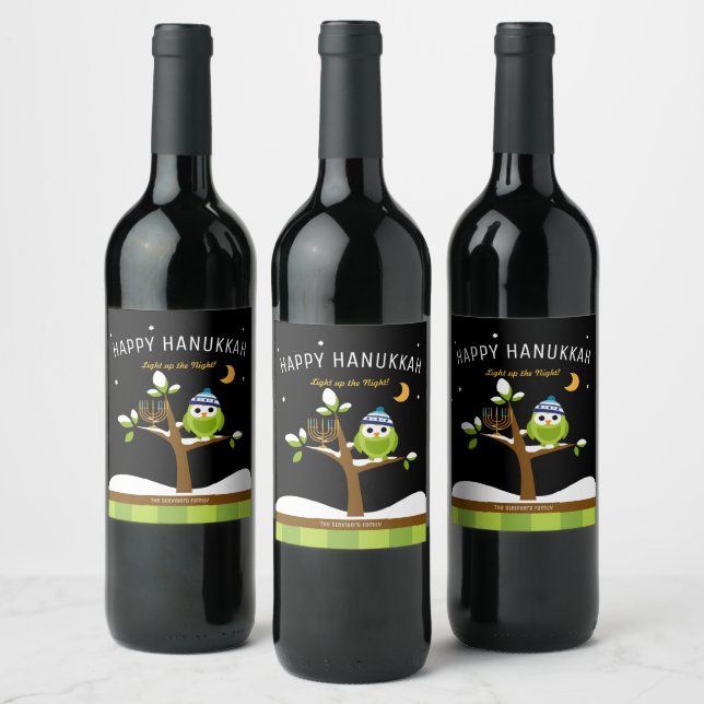 Cute Hanukkah Light up the Night Owl & Menorah Wine Label (Bottles)