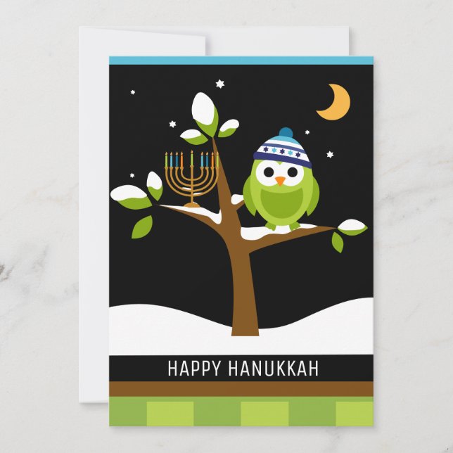 Cute Hanukkah Owl & Menorah Snowy Tree Holiday Card (Front)