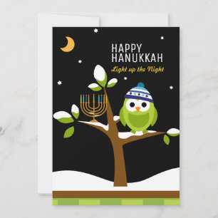 Cute Hanukkah Owl & Menorah Snowy Tree Holiday Card